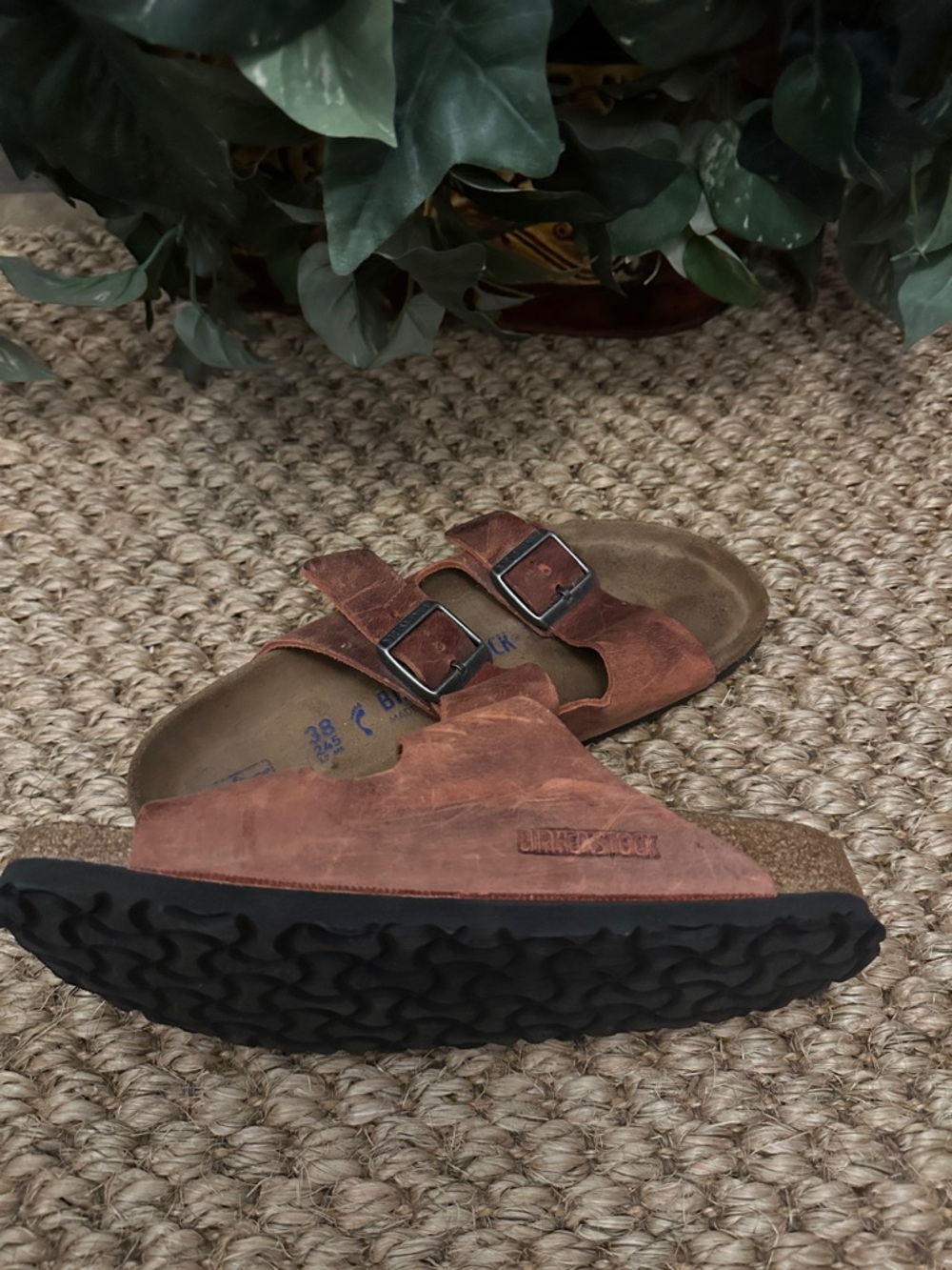 Birkenstock Brown Leather Double-Buckle Slide Sandals - Picture 10 of 12